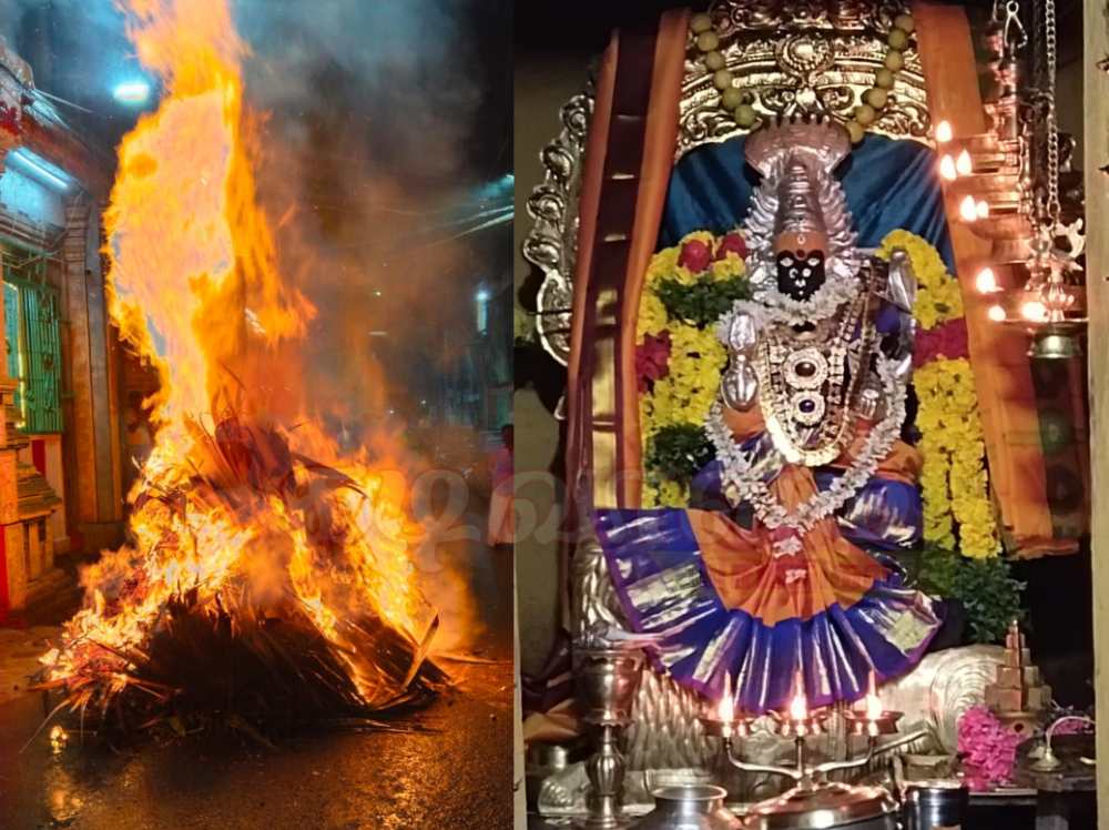 தூத்துக்குடி தெப்பக்குளம் மாரியம்மன் கோவிலில் திருக்கார்த்திகை சொக்கப்பனை  கொளுத்தப்பட்டது